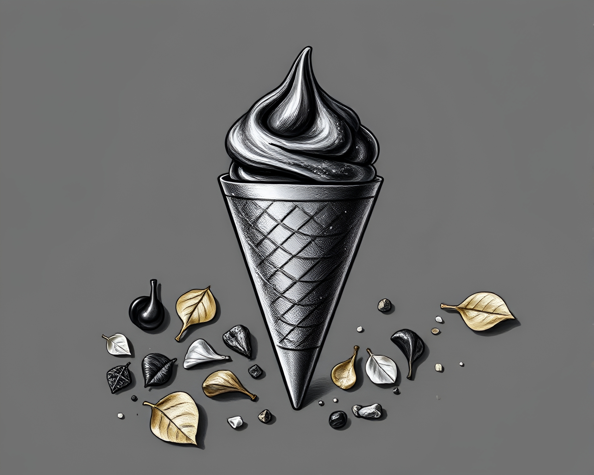 Silver Gelato Cone on Charcoal Leaf Litter Sketch – free AI stock image