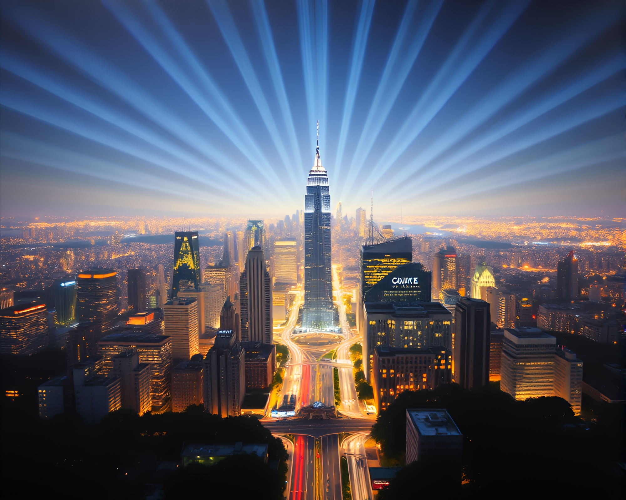 Futuristic Encaustic Virtual Cityscape with Radial Symmetry – free AI stock image