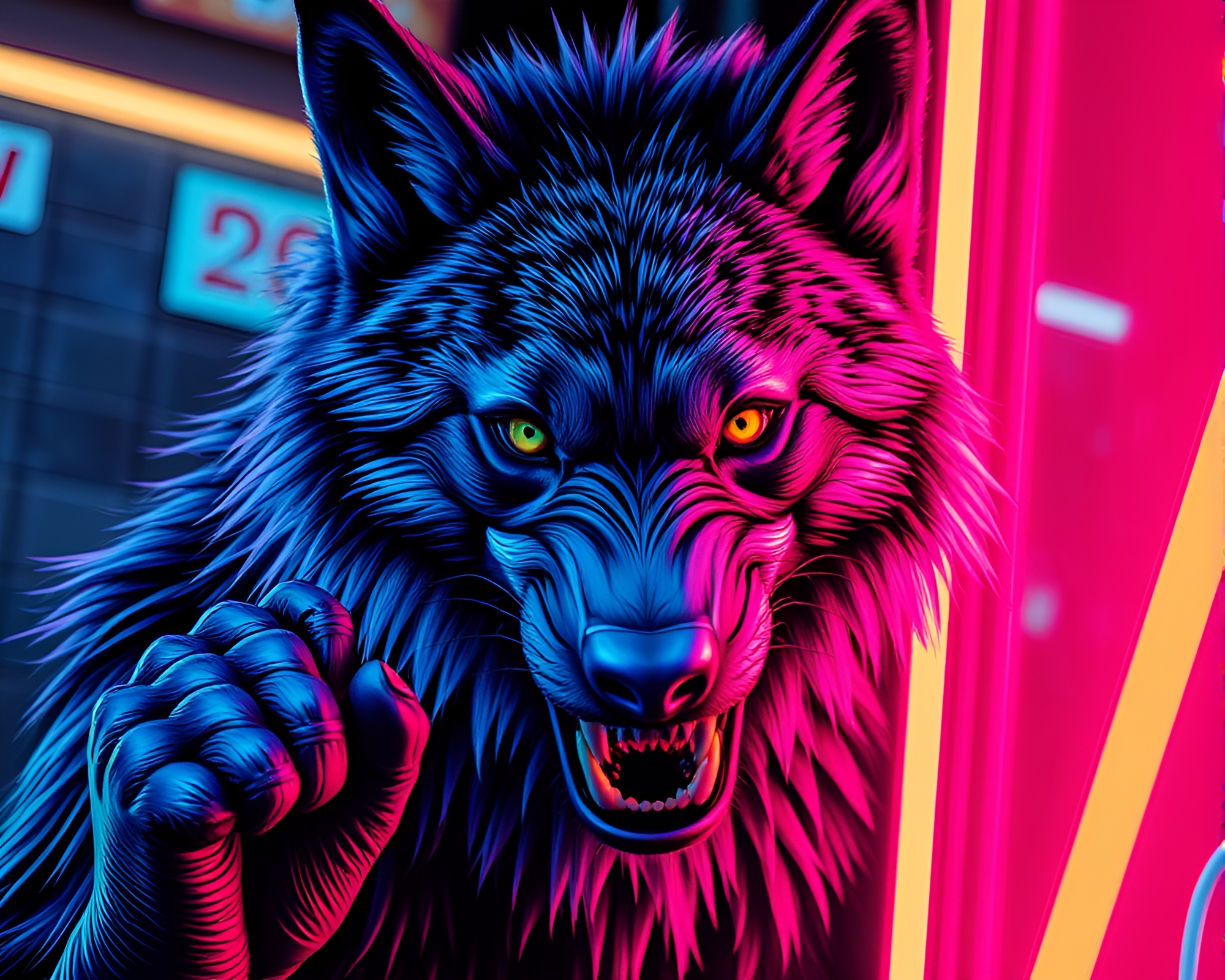 Werewolf in Neon Trompe-l’oeil Forest – free AI stock image