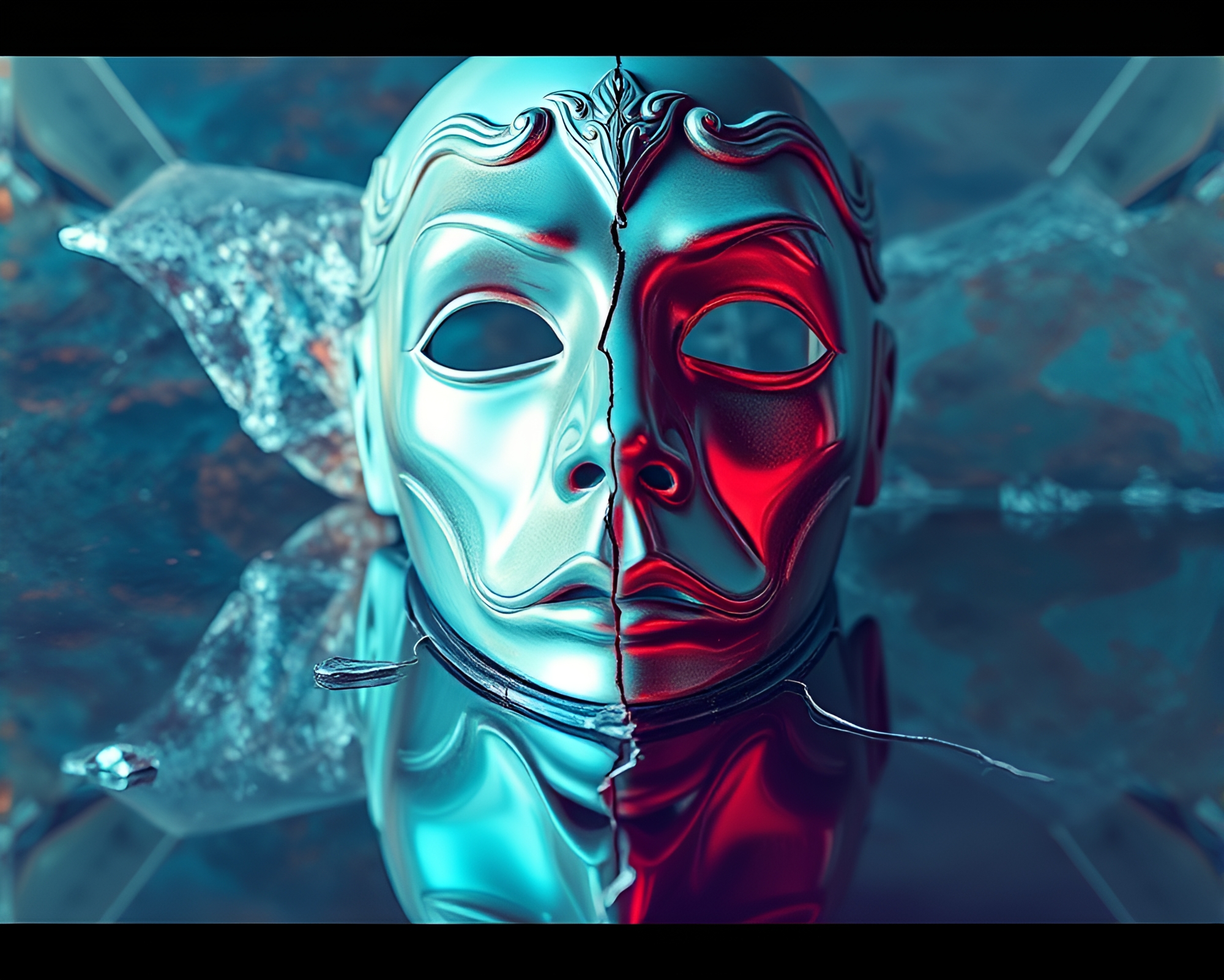 Surreal Ice Reflection Cracks & Venetian Mask – free AI stock image