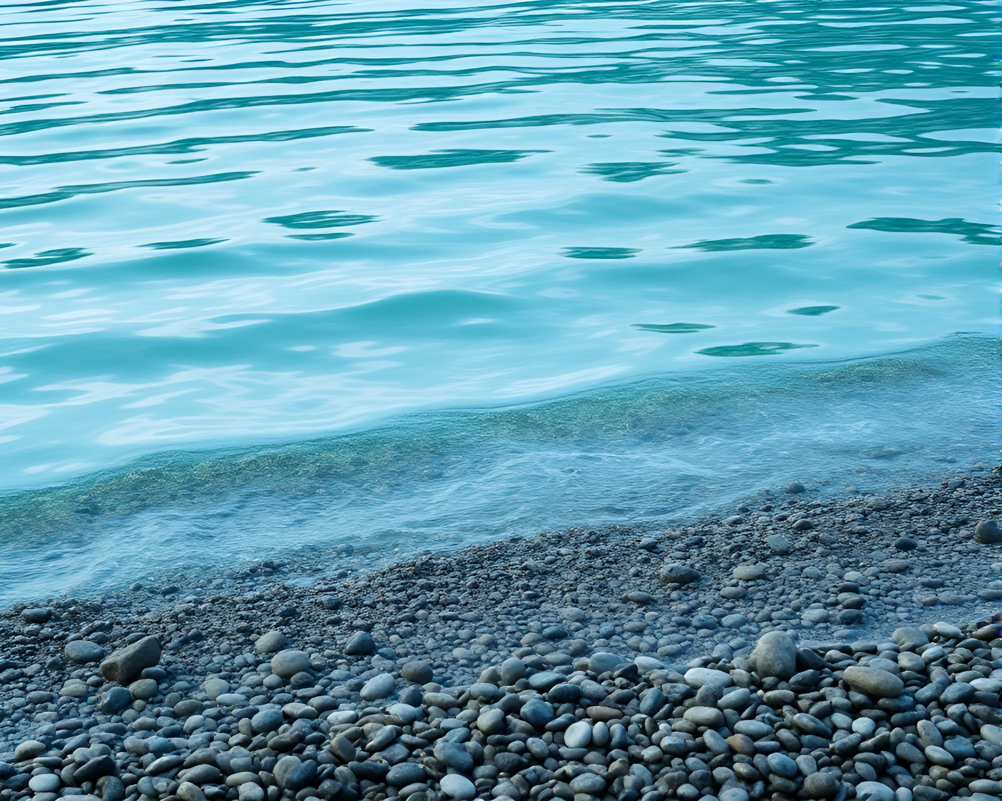 Turquoise Calm Waters Reflecting Dystopian Pebble Beach – free AI stock image