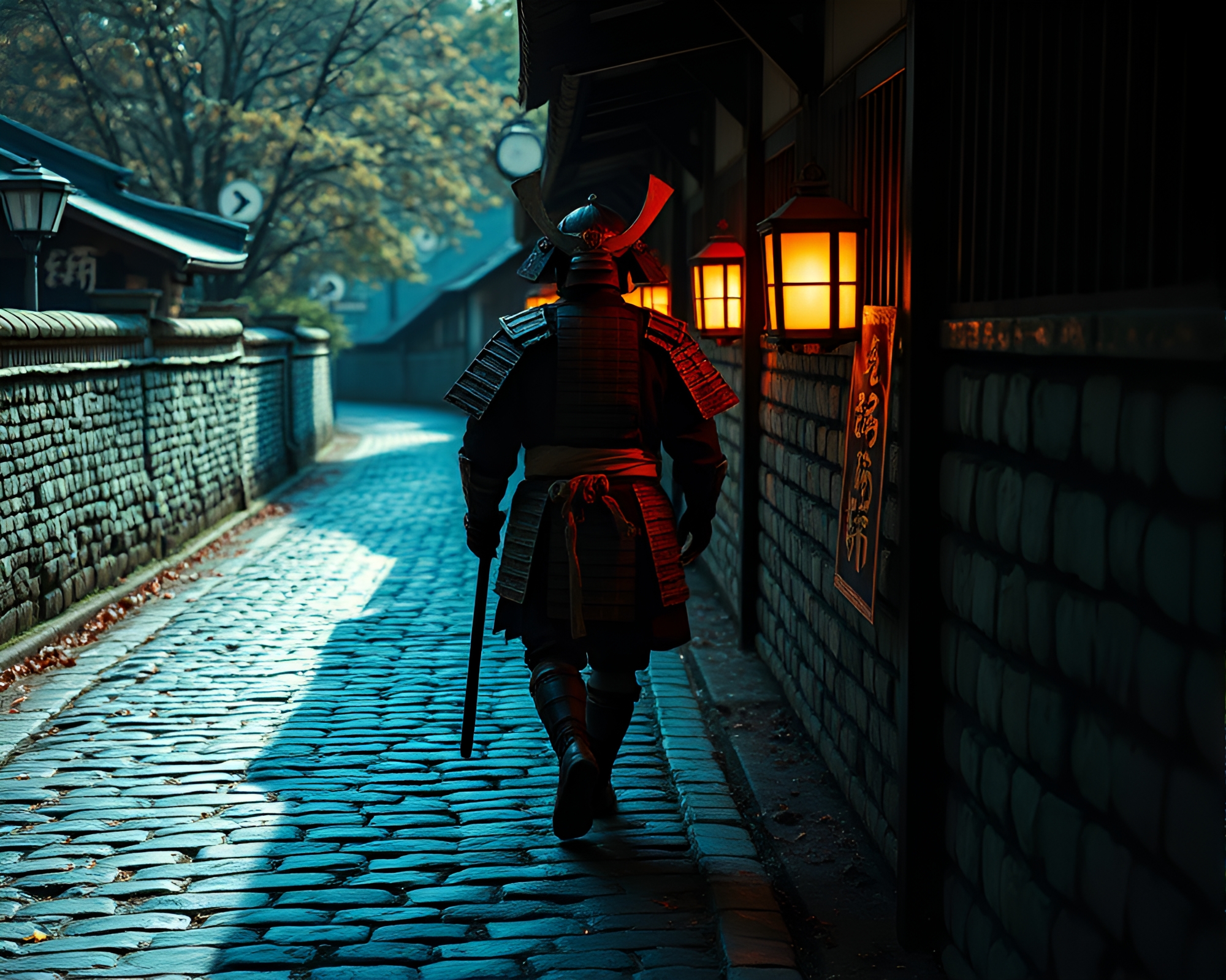 Samurai Warrior on Hyper-Saturated Cobblestone Path – free AI stock image