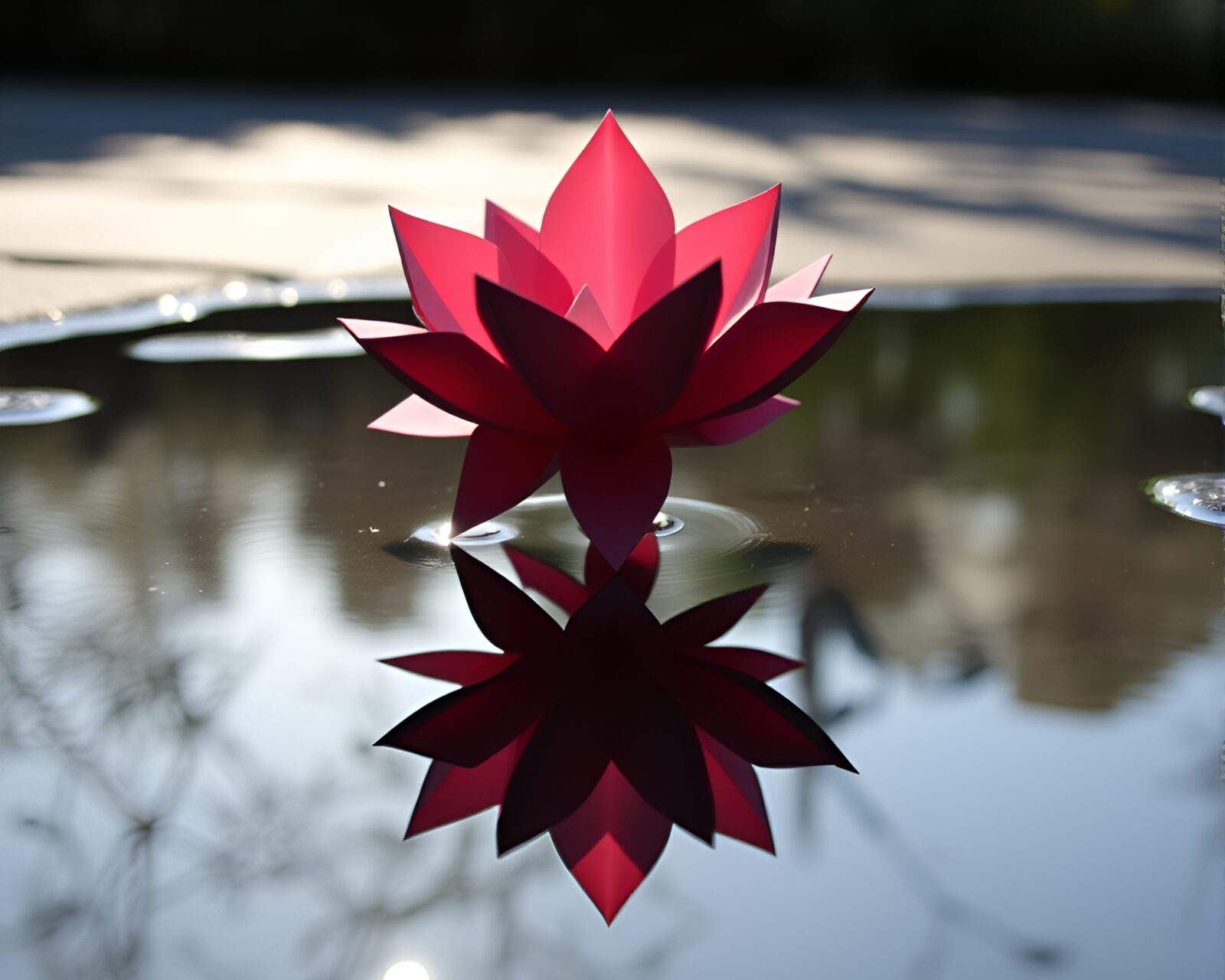 Paper cutout of delicate flower reflecting in calm water