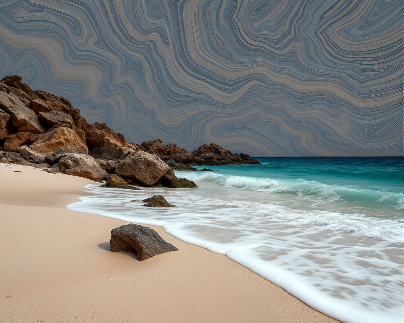 Beach with intricate wood patterns under swirling milky way