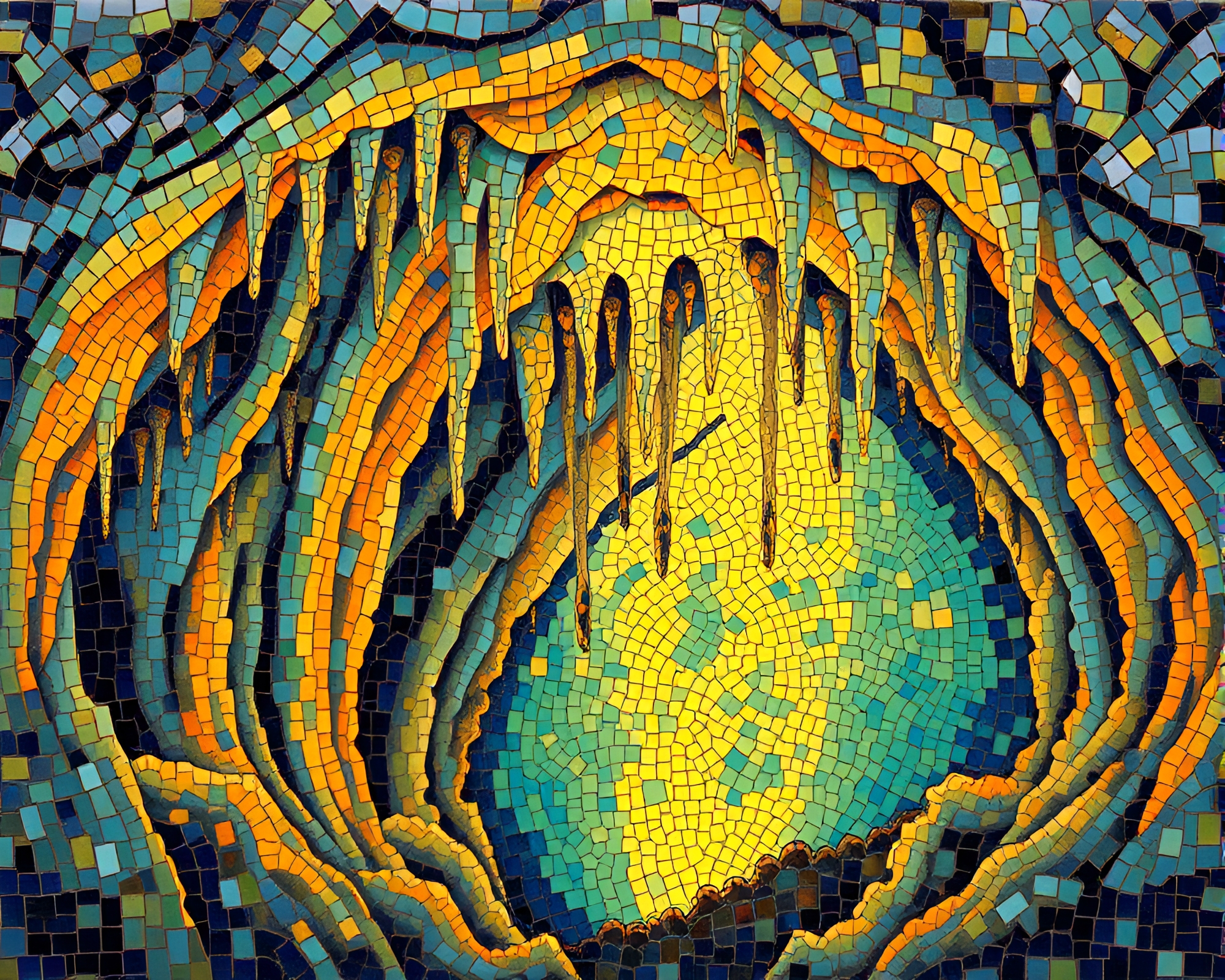 Cave Stalactite Mosaic Under Torchlight Glow – free AI stock image