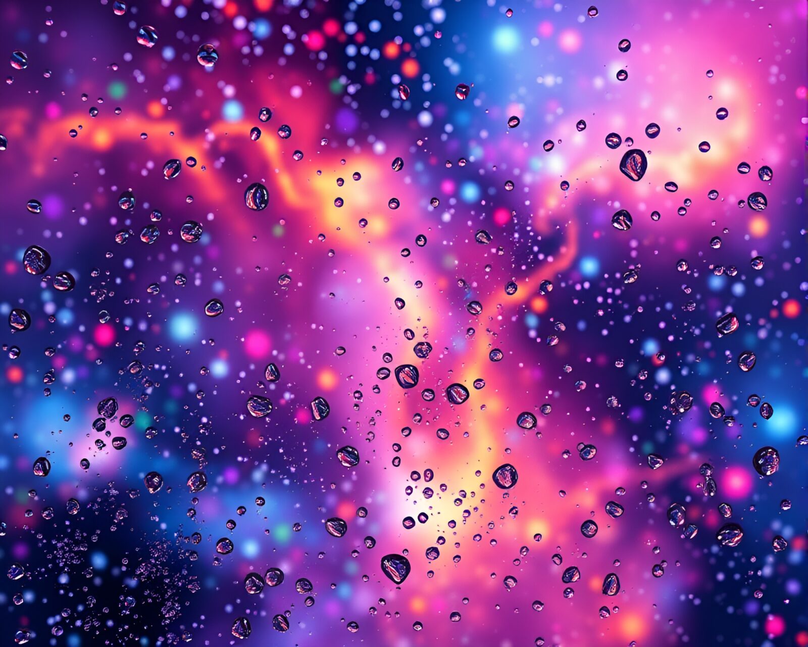 Vibrant galaxy-inspired water droplets surrounding futuristic plasma rifle