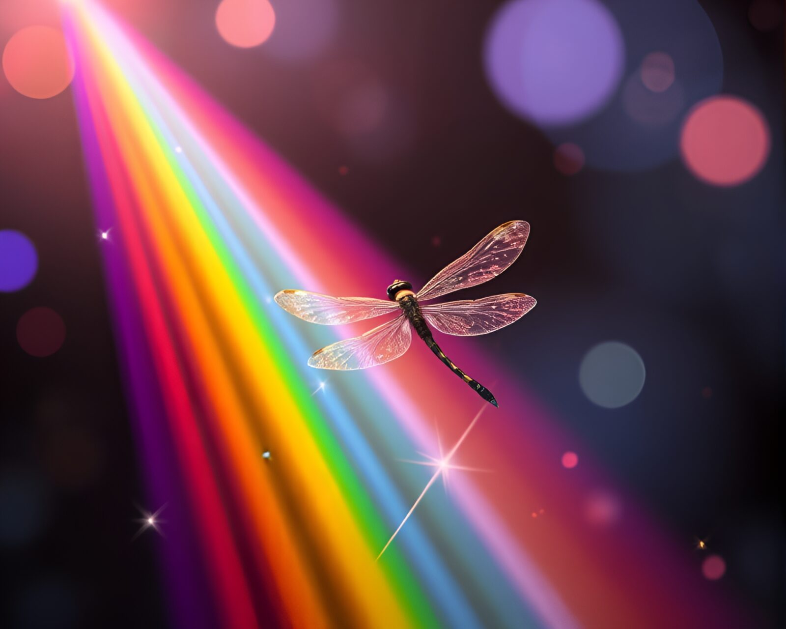 Magical dragonfly surrounded by rainbow light in pixelated world