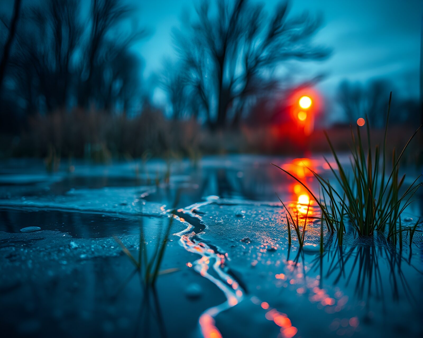 A vibrant neon graffiti reflection on cracked ice in savannah grass