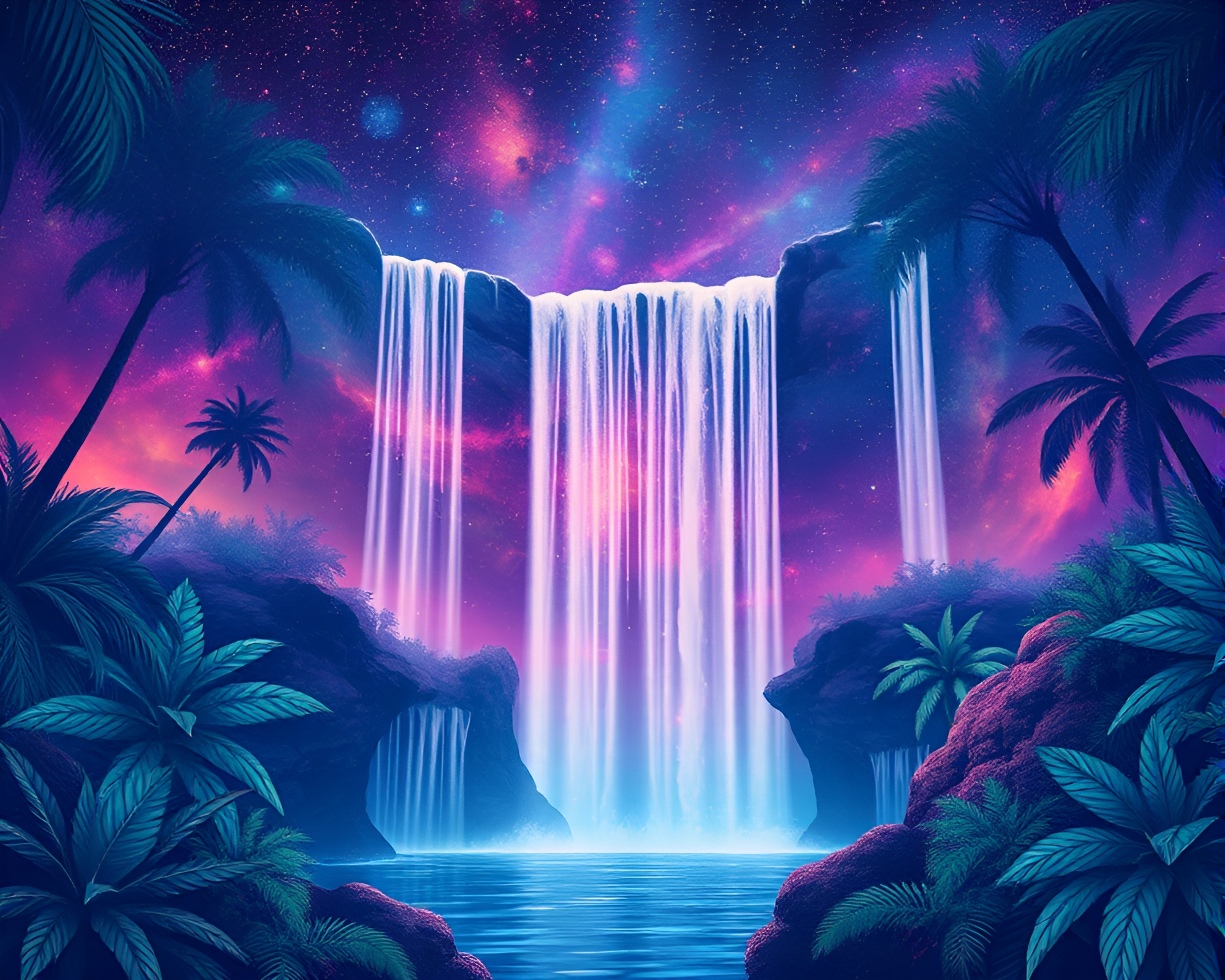 Tropical Waterfall Oasis with Galaxy-Hued Sky – free AI stock image