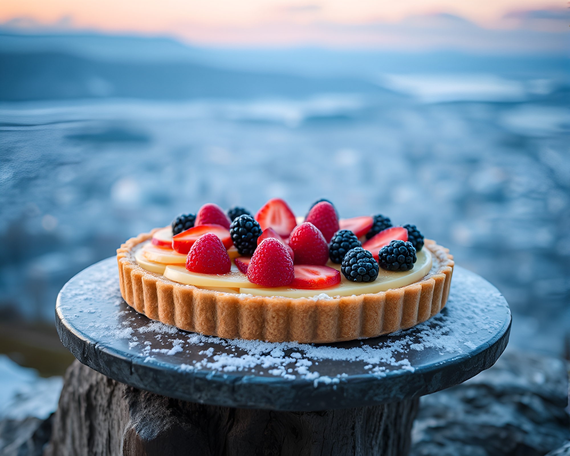Surreal Panoramic View of Frosty Blue Fruit Tart – free AI stock image