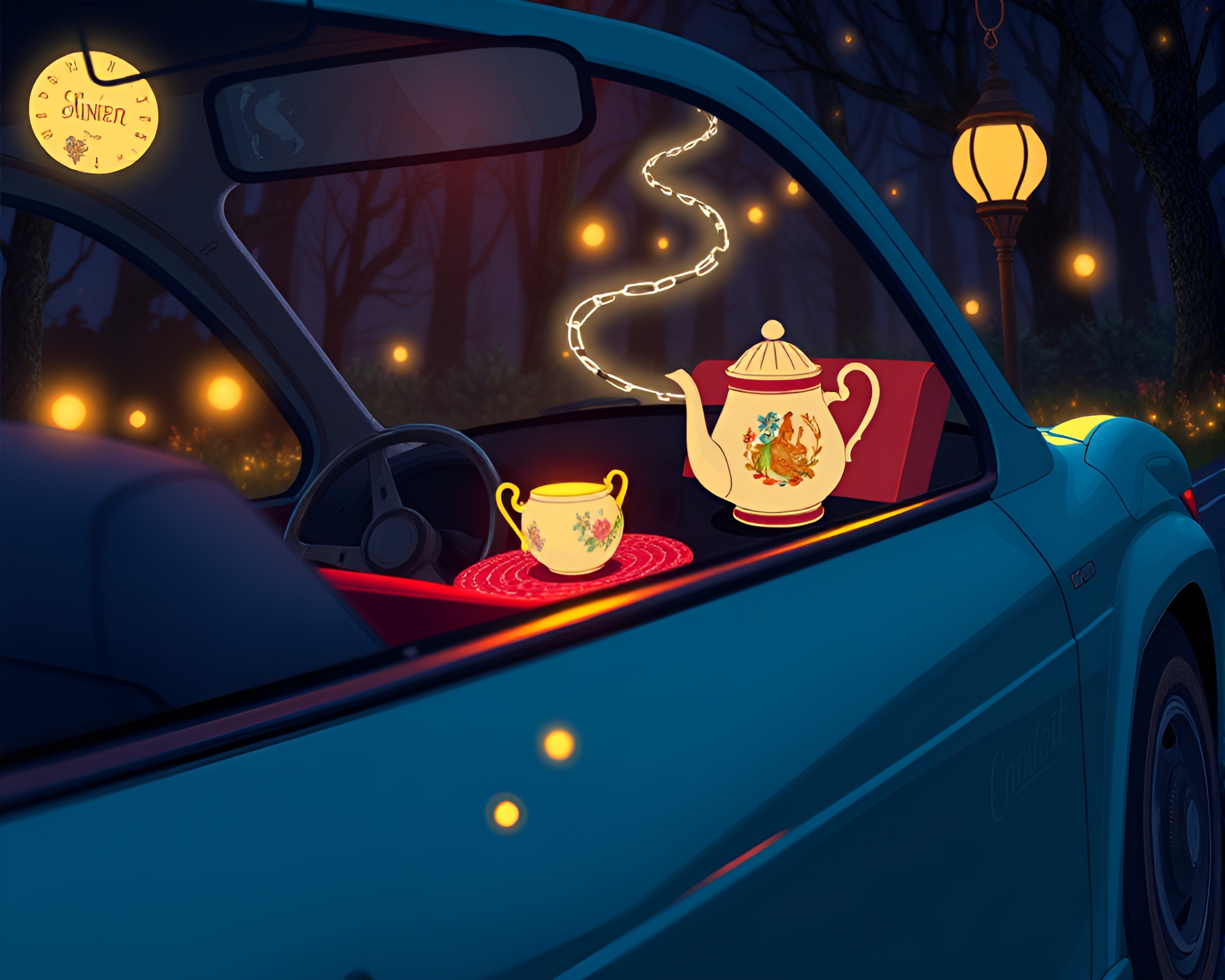 Enchanting Car Light Trails with Alice in Wonderland Tea Set – free AI stock image