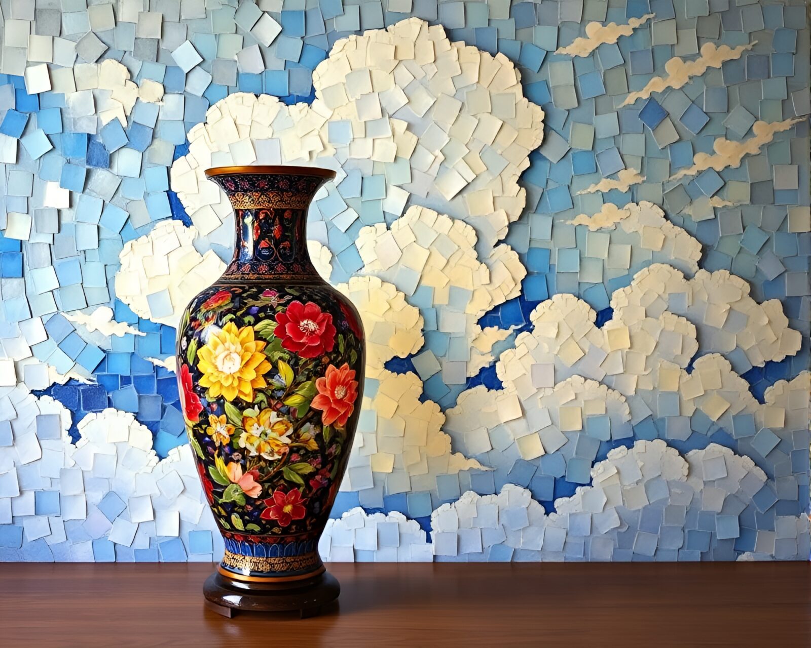 Colorful impressionist painting of a cloisonné vase with mosaic lighting