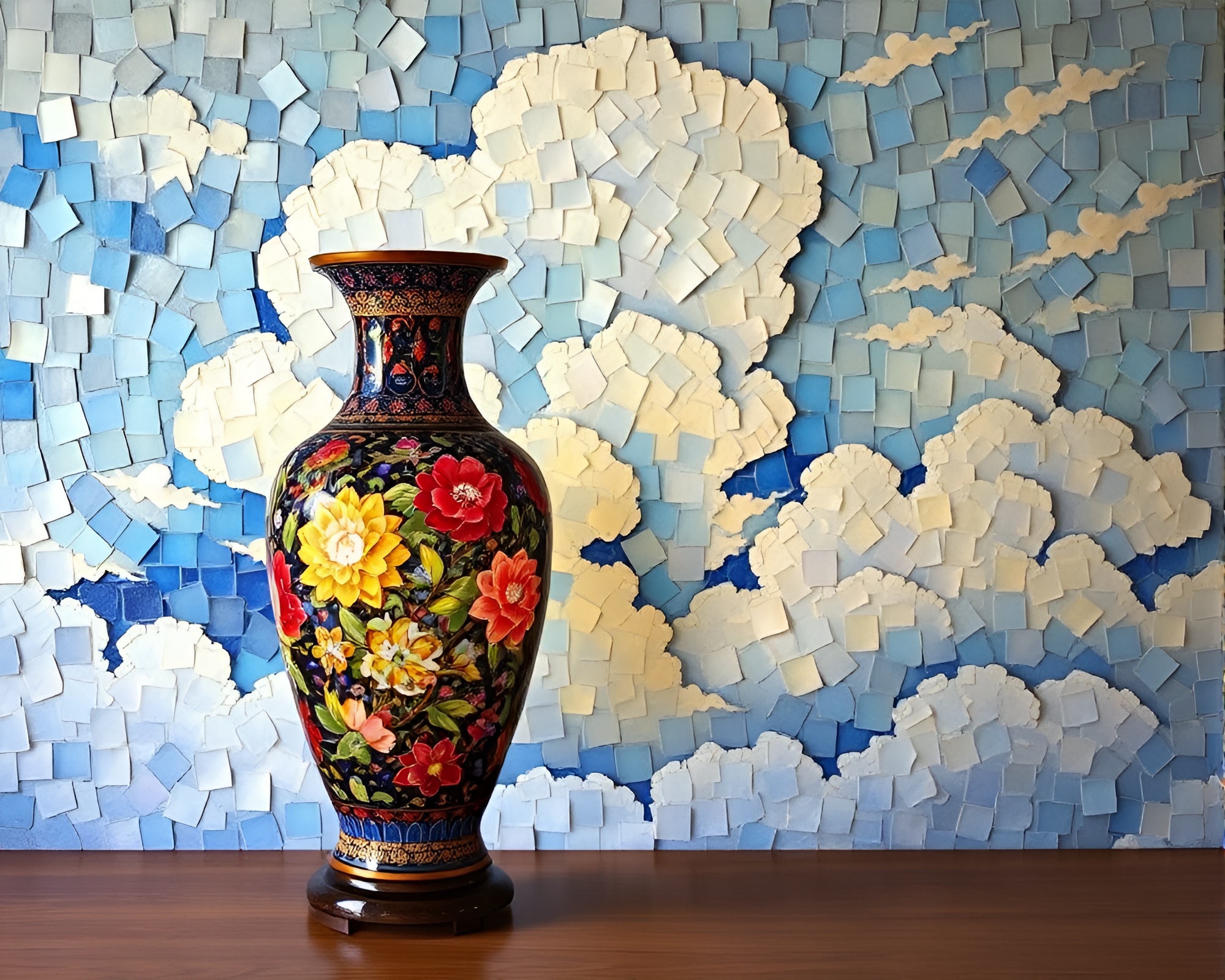 Impressionist Cloisonné Vase under Mosaic Cloud Formations – free AI stock image