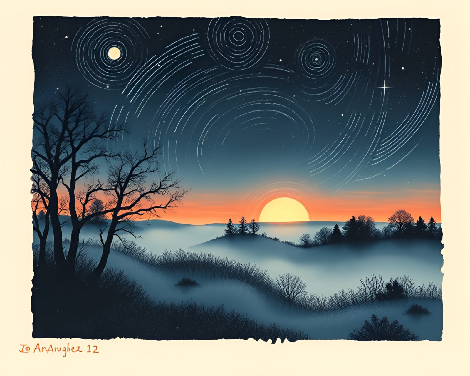 Mystical sgraffito woodblock print of swirling time vortex