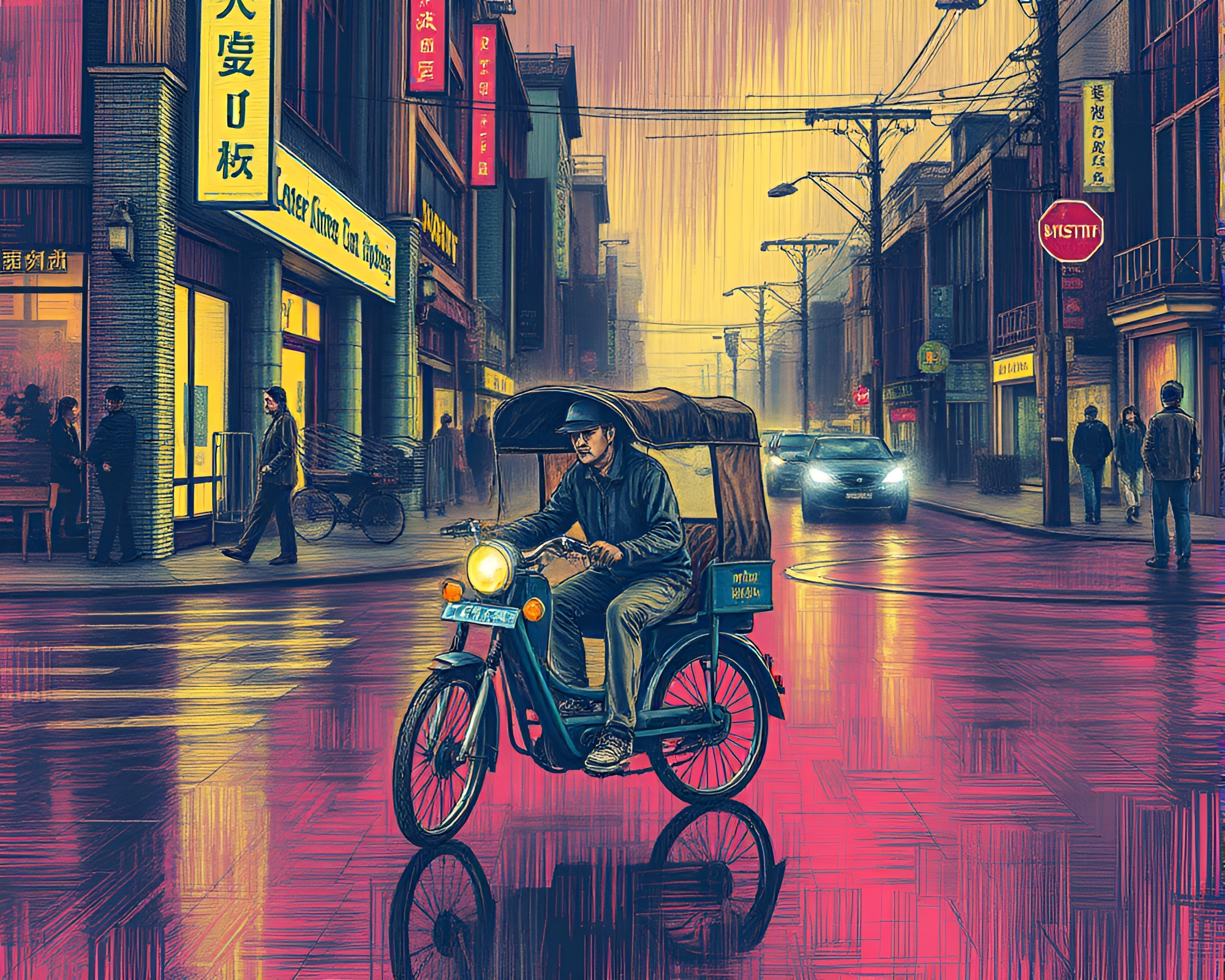 Etching Lines Rickshaw in Algorithmic Washed-Out Art – free AI stock image