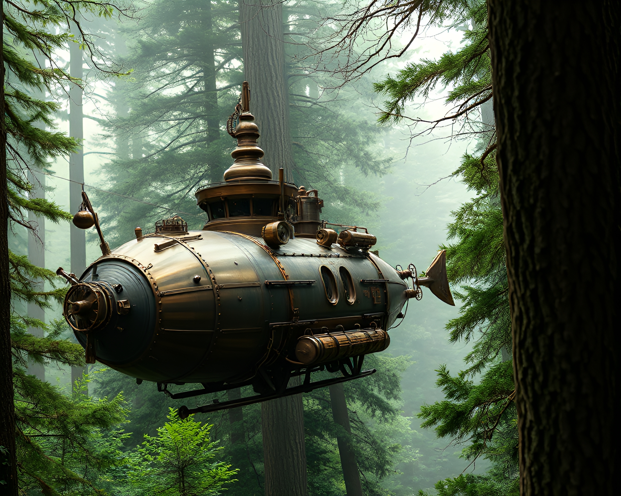 Bronze Steampunk Airship Soaring Through Enchanted Forest – free AI stock image