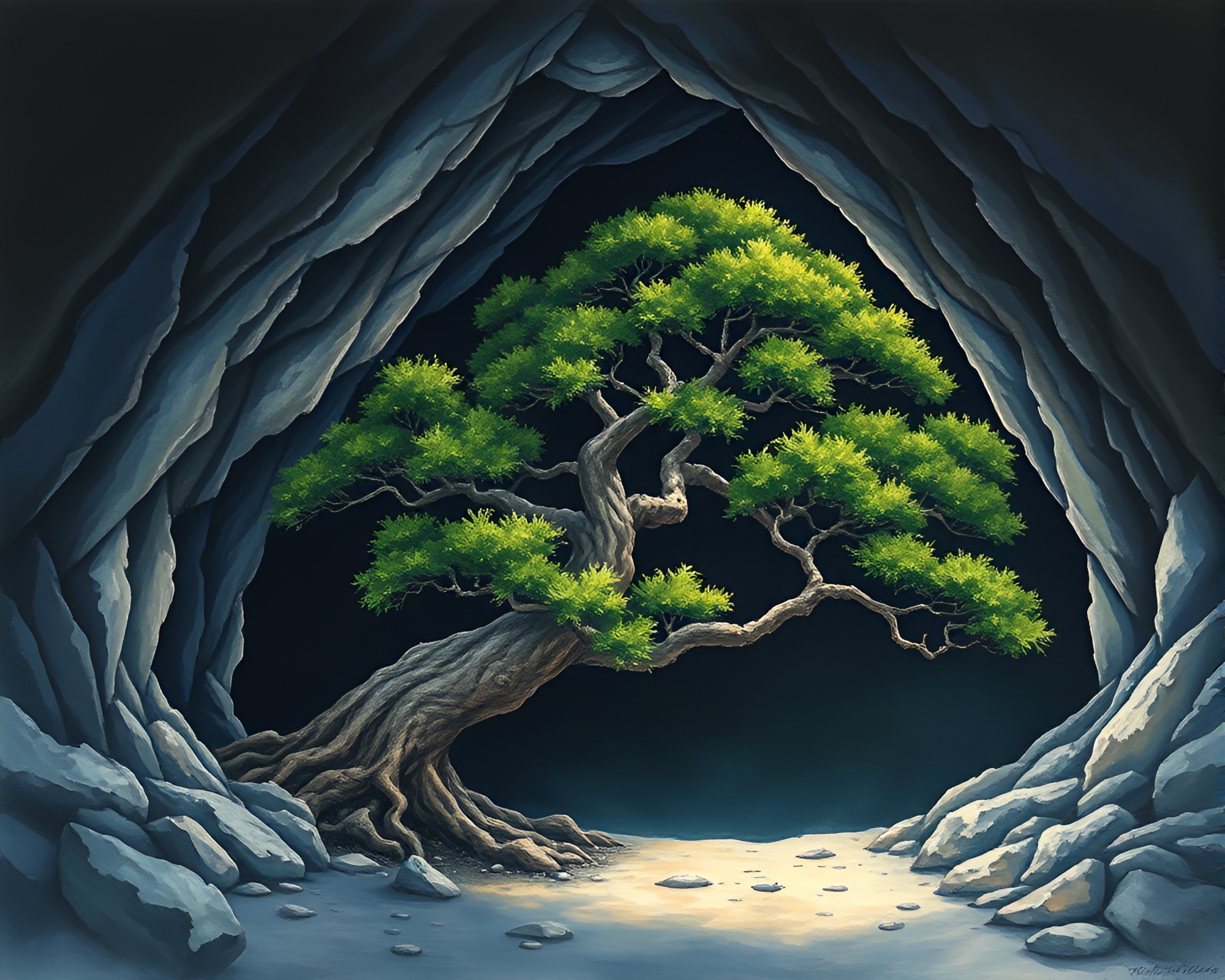 Enchanting Bonsai Cave Gouache Painting – free AI stock image