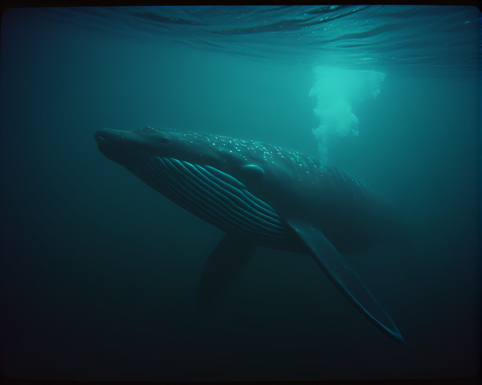 Grainy film image showing chromatic aberration with whale theme