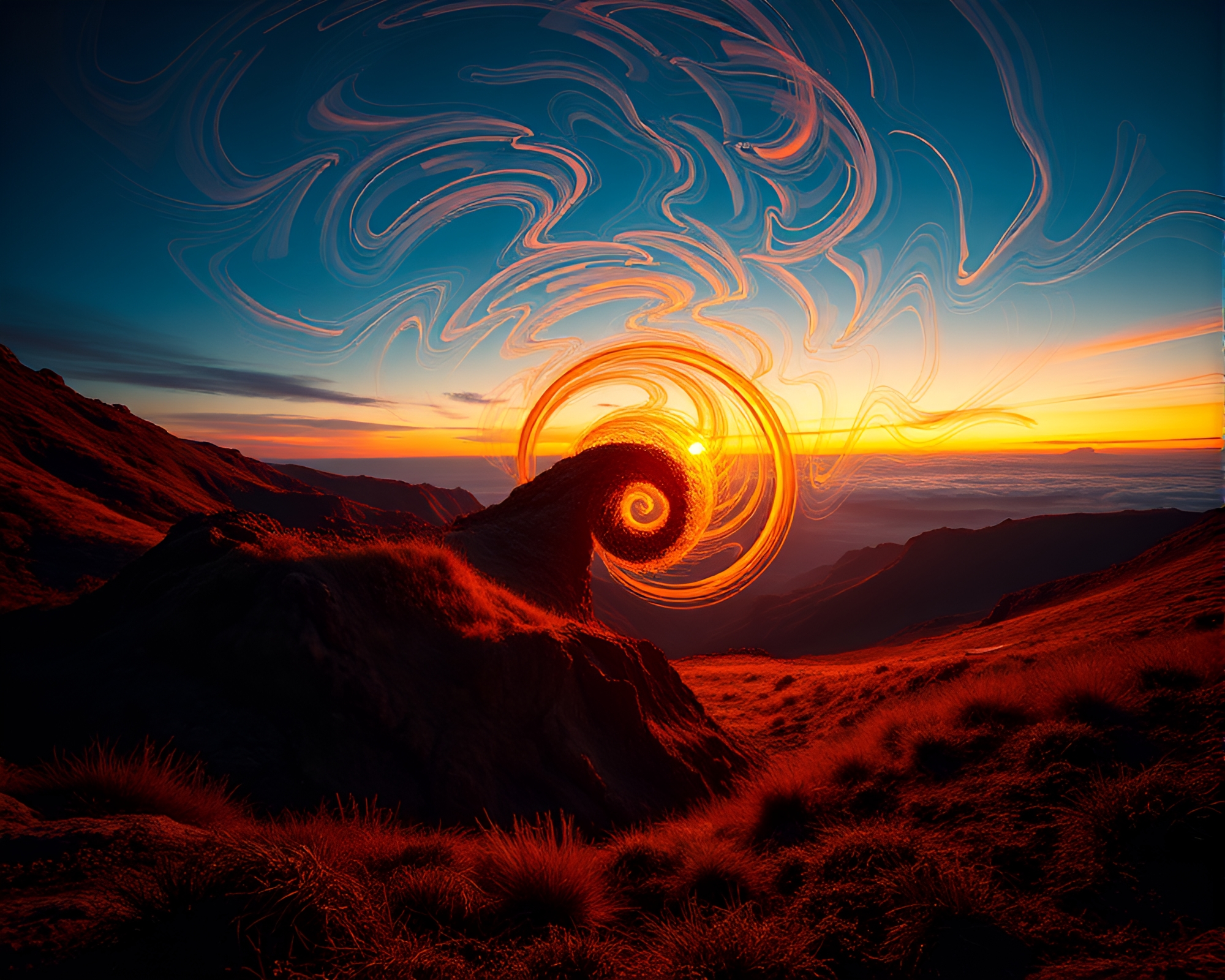Twilight Golden Spiral: Psychedelic Divisionism Artwork – free AI stock image