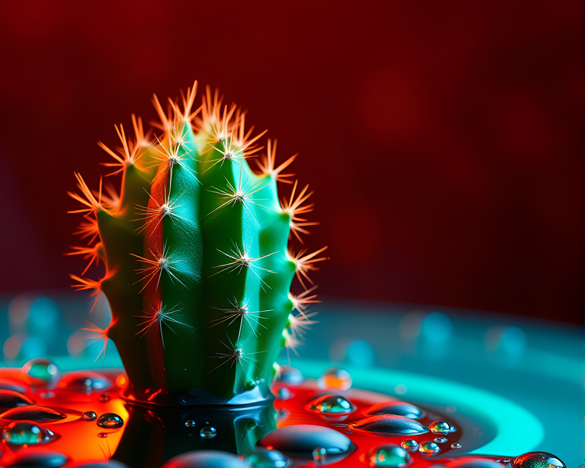 Neon Cactus Data Visualization with Water Droplets – free AI stock image
