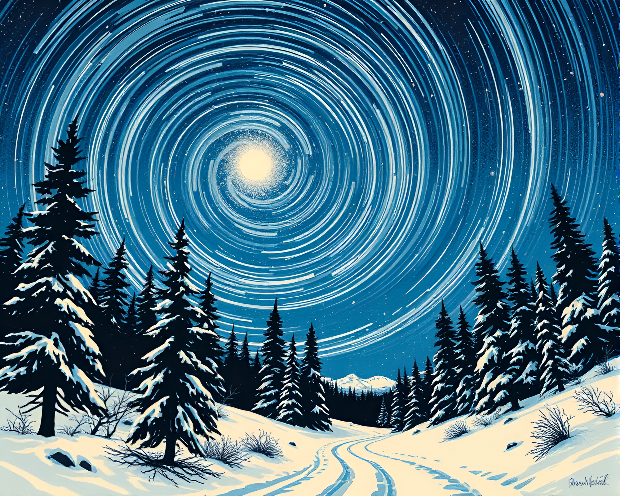 Winter Swirl in Linocut Lens Distortion Artwork – free AI stock image