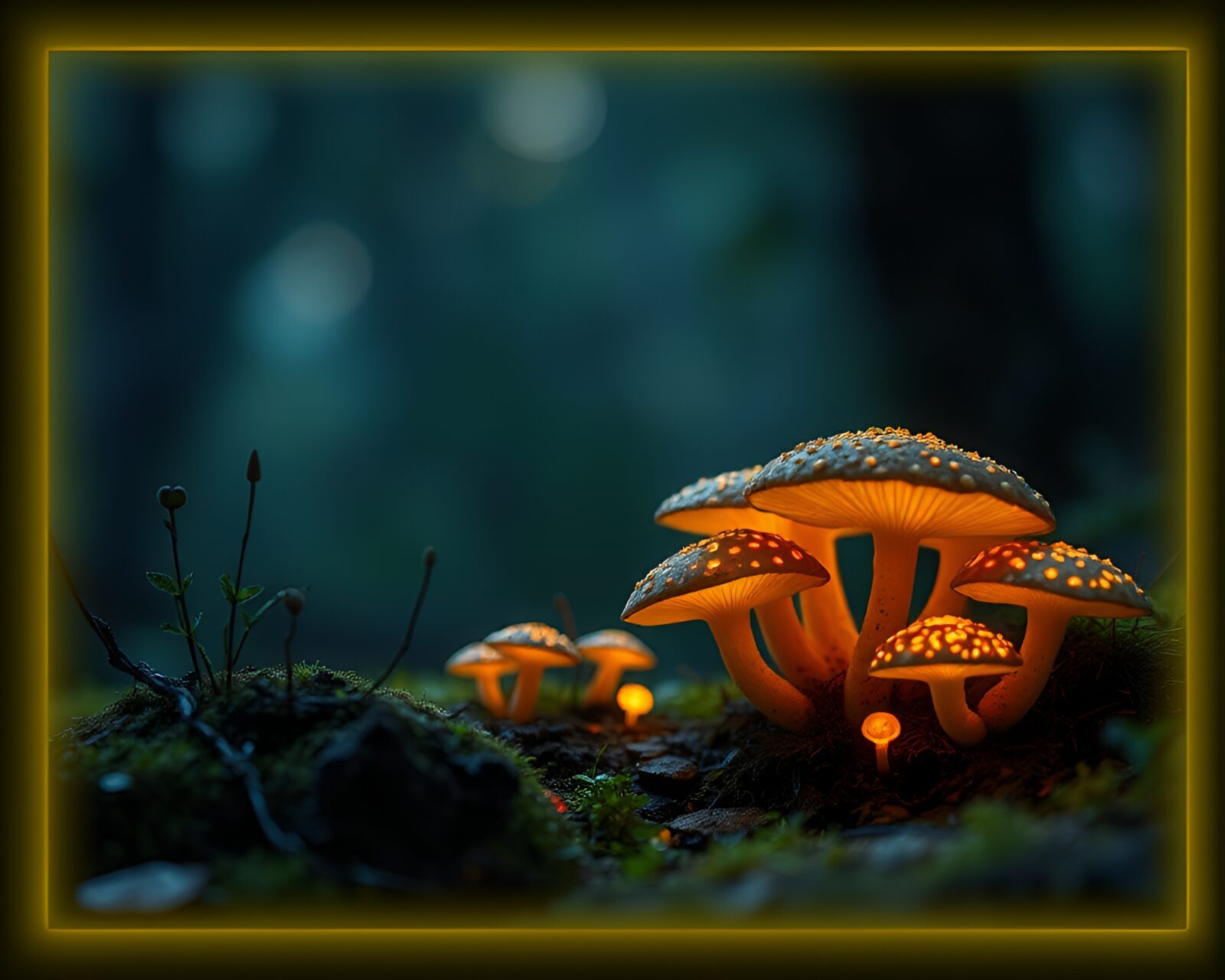 Mystical mushrooms glowing in magical forest at night