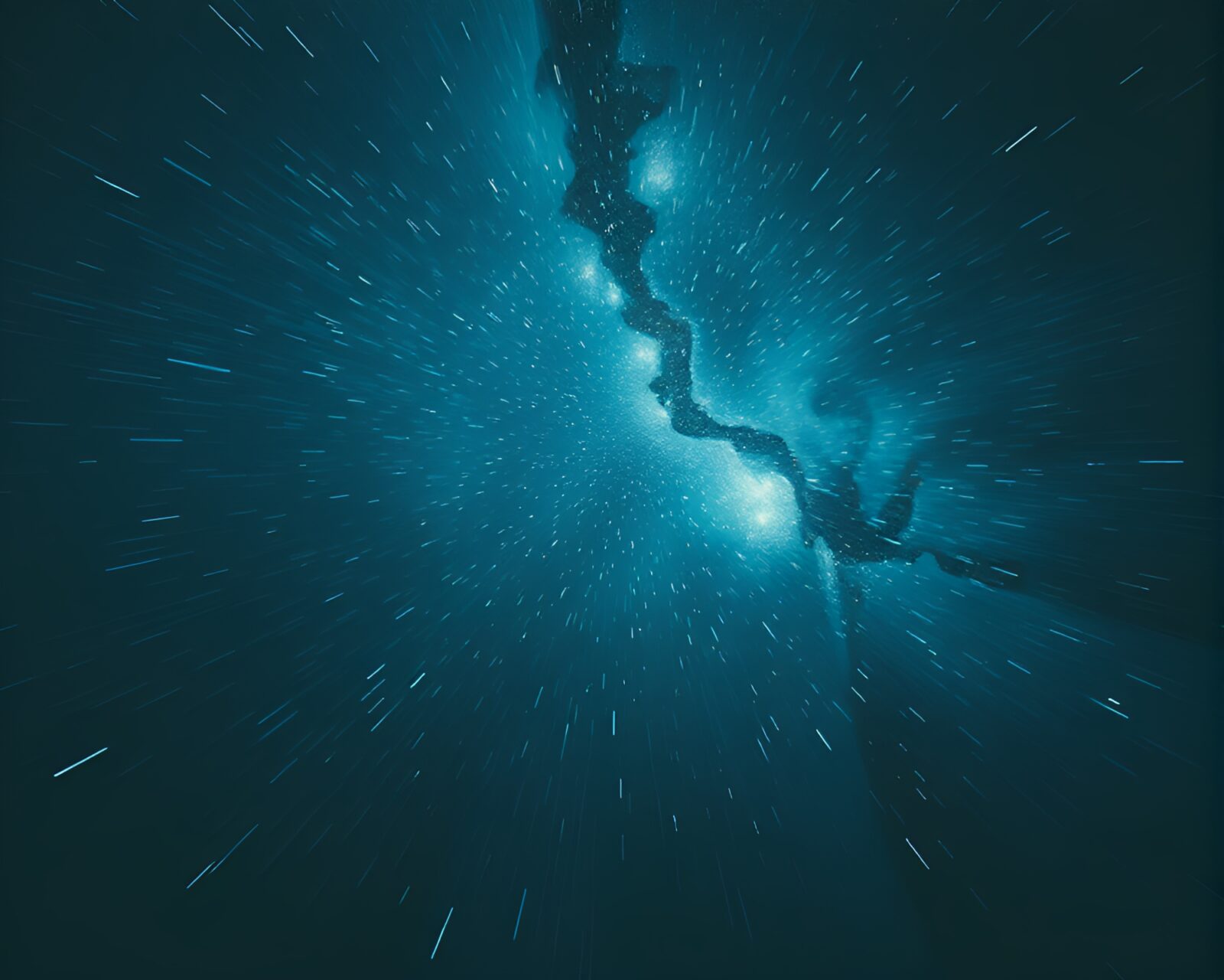 Abstract blue-tinted scene with parallel realities and grainy texture