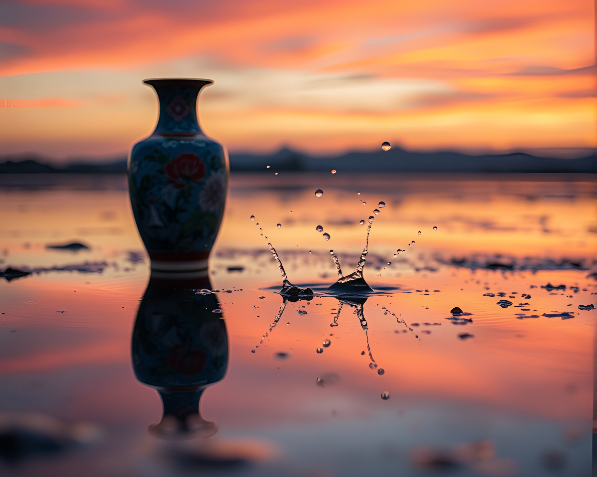 Dusky Twilight Cloisonné Vase Reflection in Color Splash Puddle – free AI stock image
