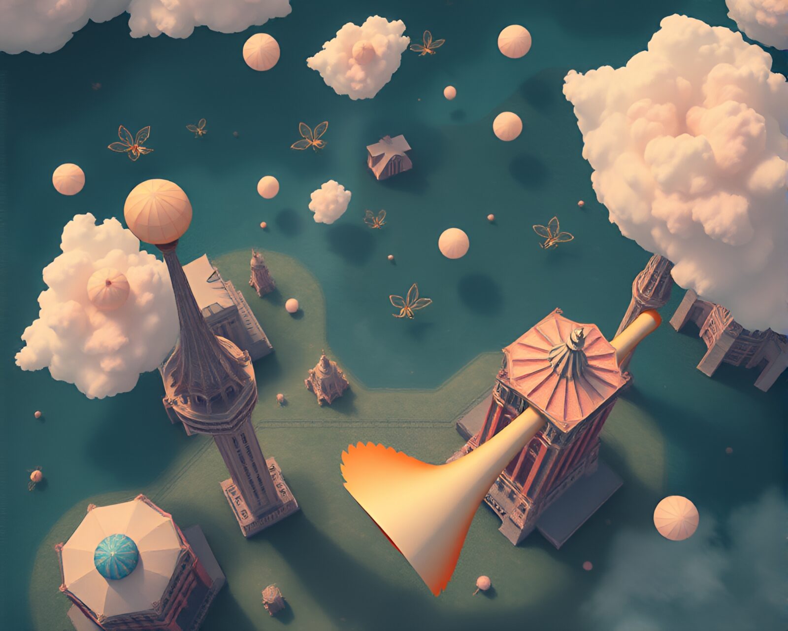 Soft pastel surreal scene with bird's eye view, trumpet
