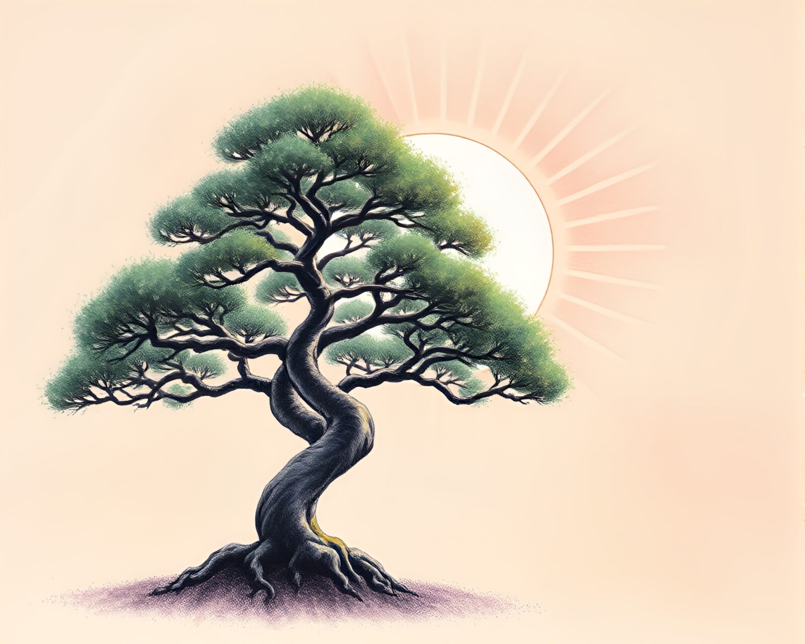 Graceful bonsai tree under lens sunburst with stipple shading