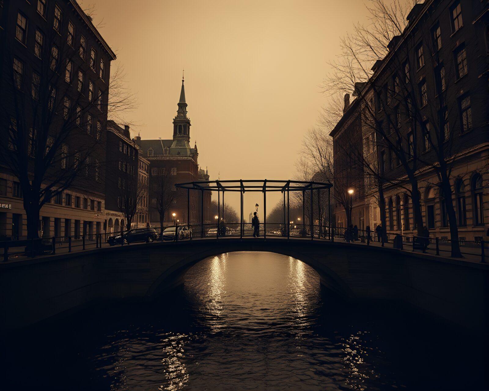 Eerie glass bridge surrounded by olive drab mist in sepia