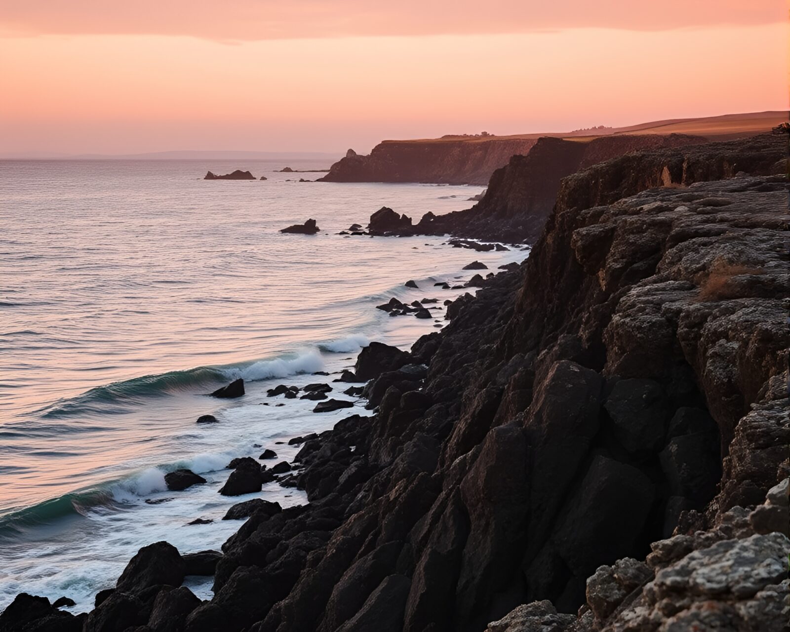 Majestic coastal view with rose gold sunset highlights