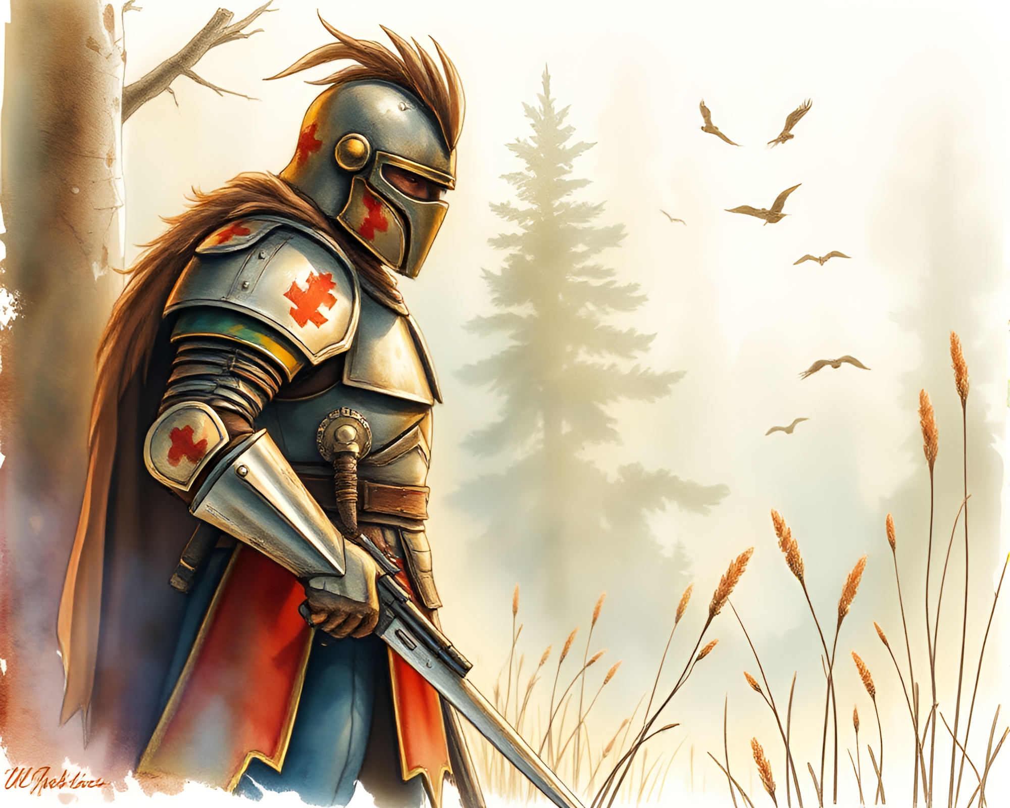 Etched Armor in Warm Porchlight Watercolor – free AI stock image