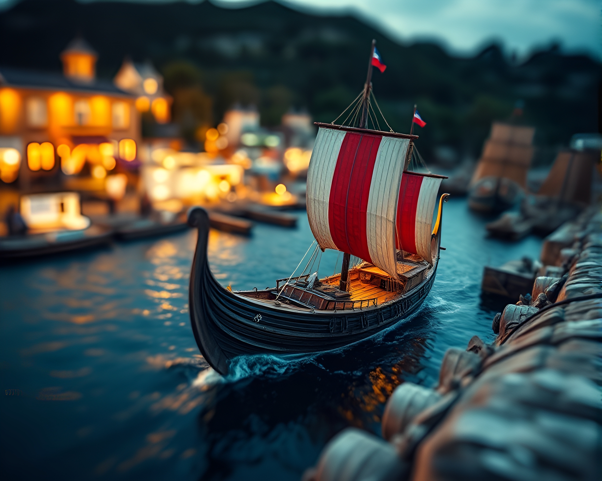 Viking Longship Sailing at Dynamic Tilt-Shift Angle – free AI stock image
