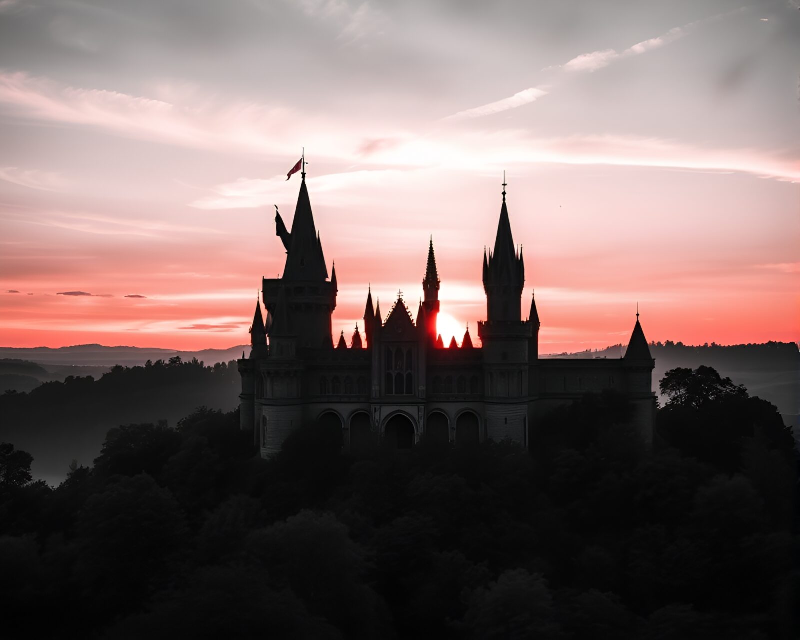 Detailed crosshatched castle against a pastel sunrise sky