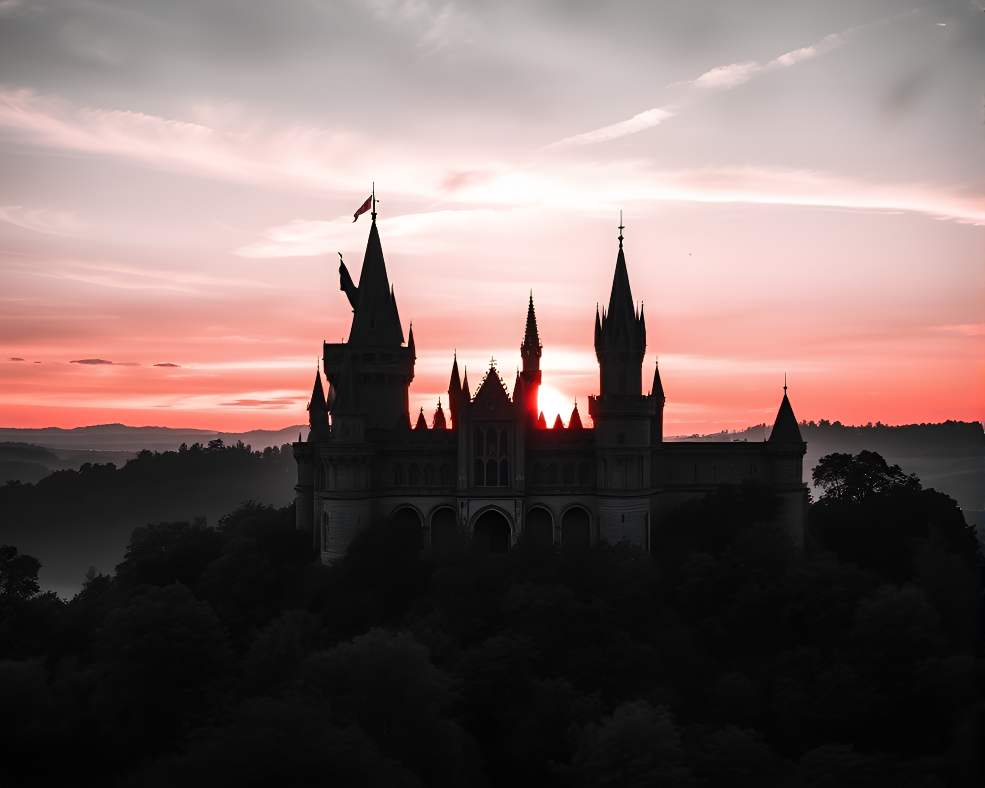 Sunrise Over Crosshatched Castle in Black and White – free AI stock image