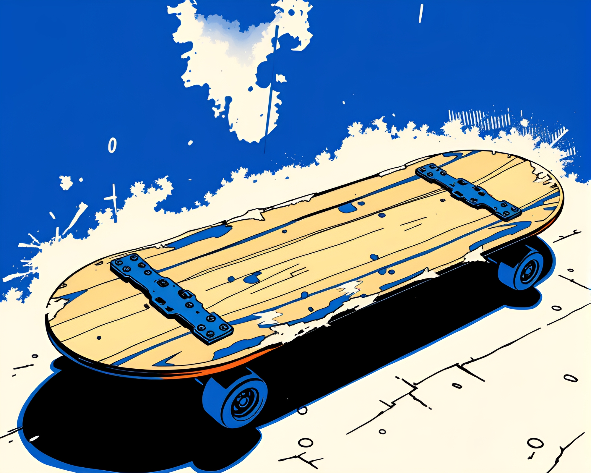 Skateboard Shredded Manga Art with Cobalt Blue Flare – free AI stock image