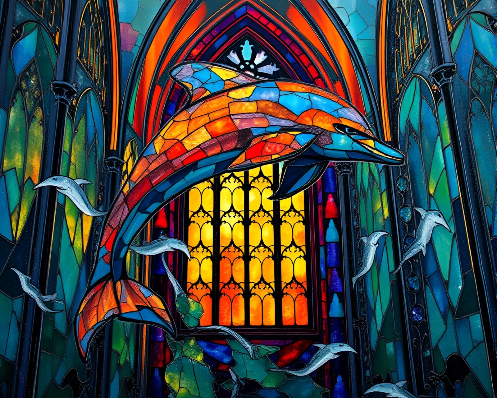 Vibrant impasto street art with dolphin motif in cathedral light
