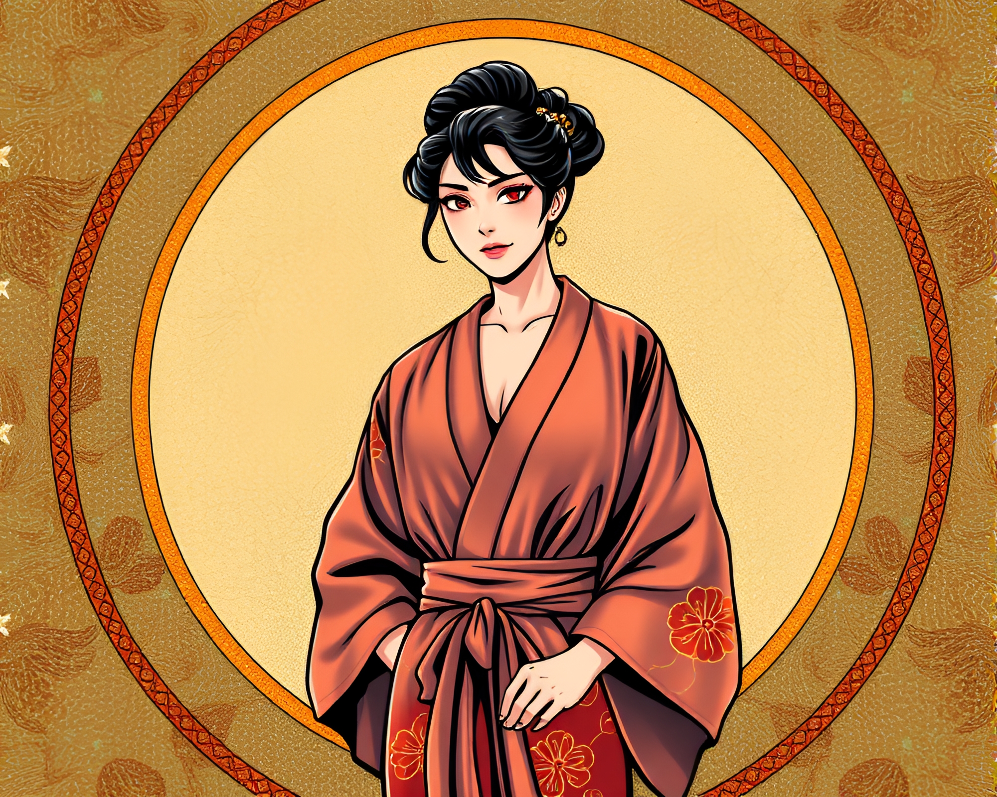 Circular Frame Silk Kimono Bronze Sheen Comic Book Style Illustration – free AI stock image