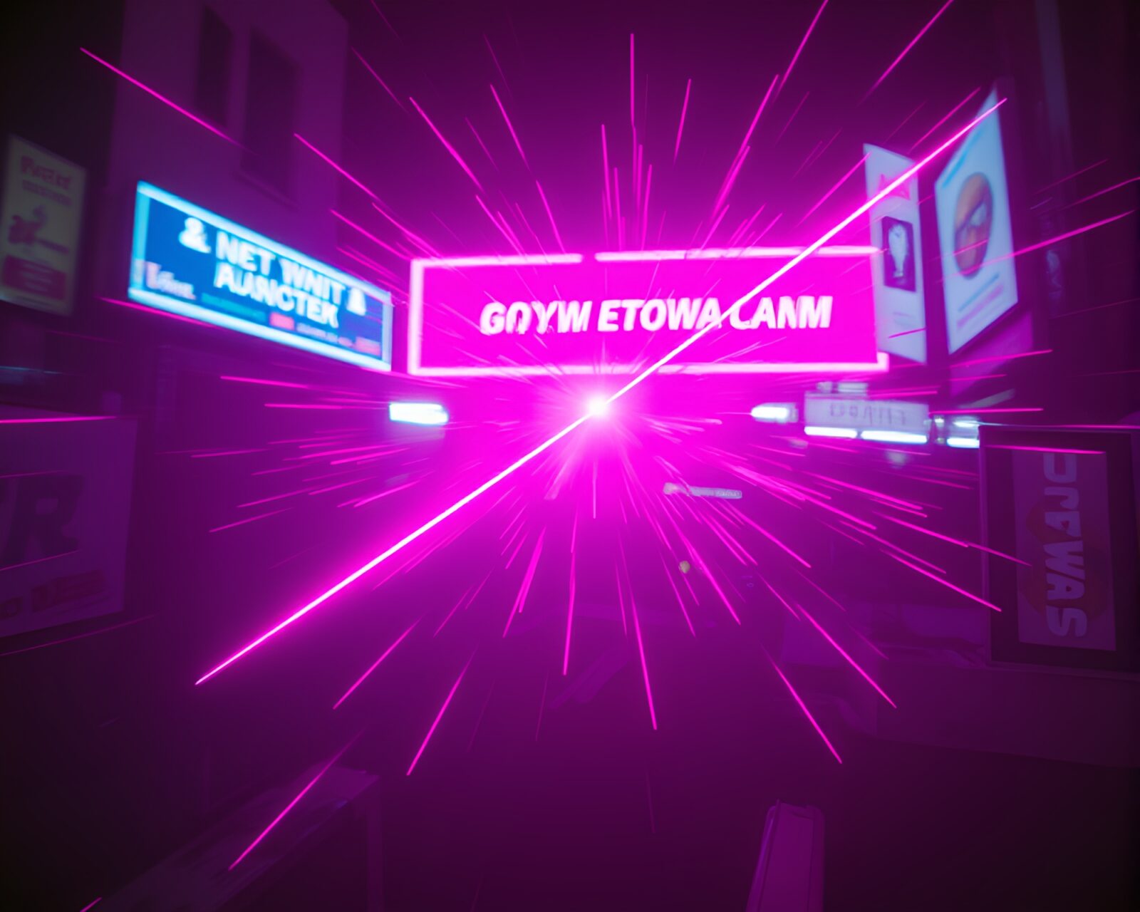 Neon-lit cityscape with burst of magenta light streaks