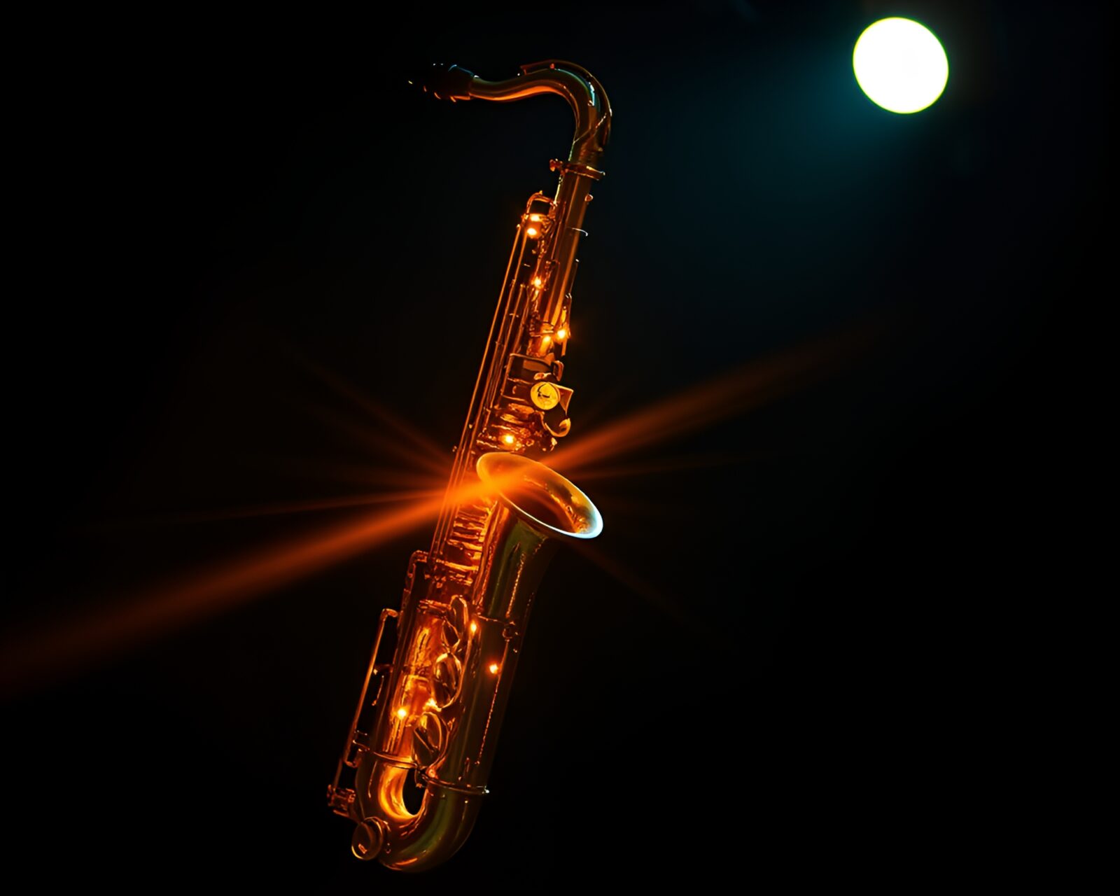 Wide shot of musician with glowing saxophone in light painting