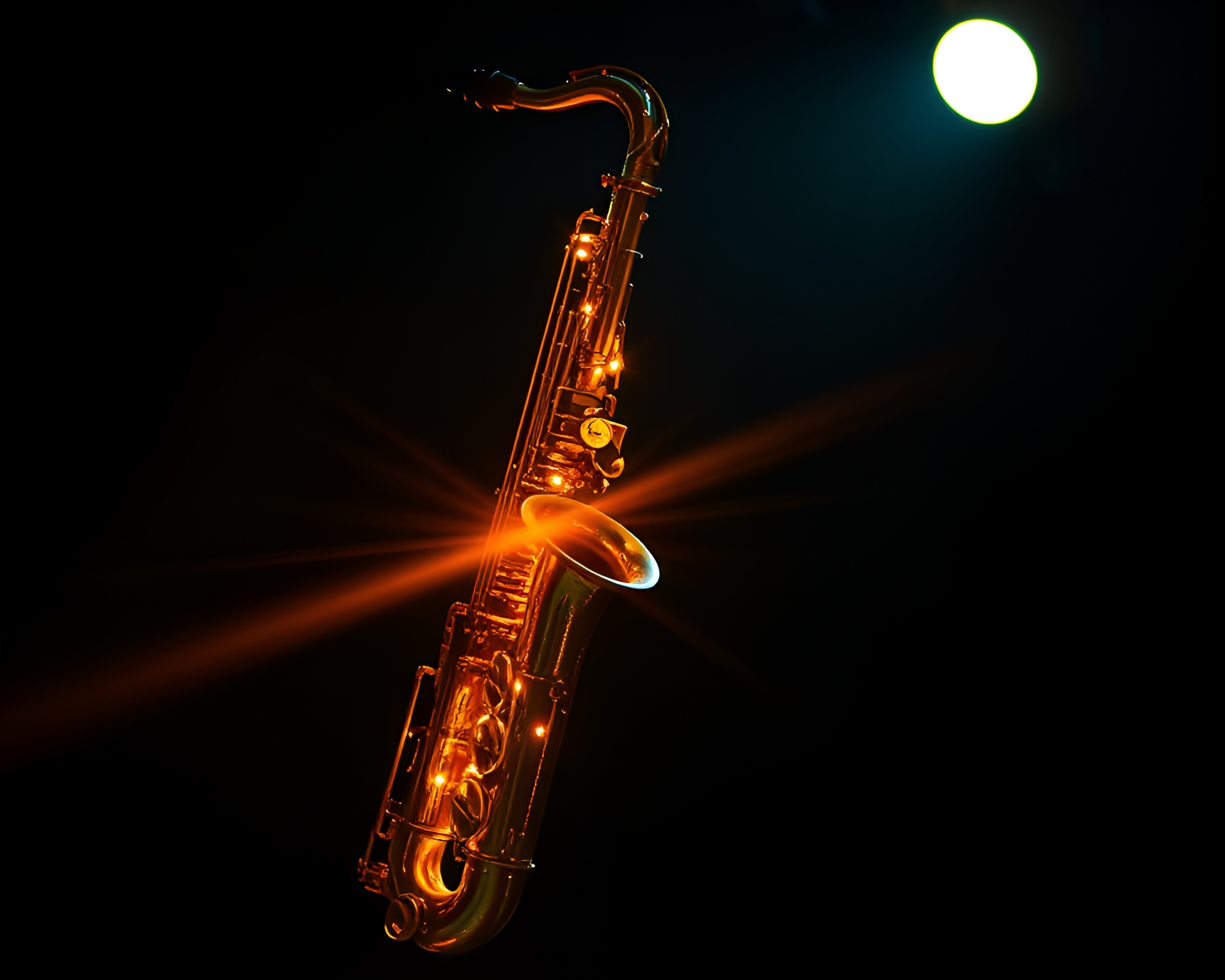 Saxophone Player Amidst Solar Flare Light Painting – free AI stock image