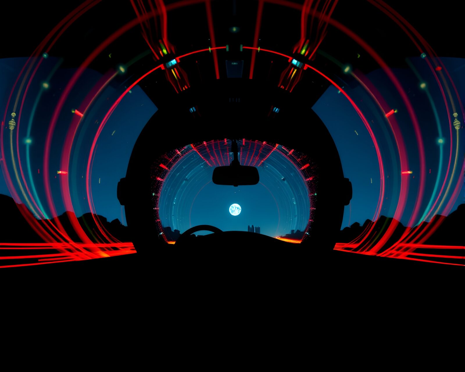 Kaleidoscope effect car lights through futuristic silhouette helmet.