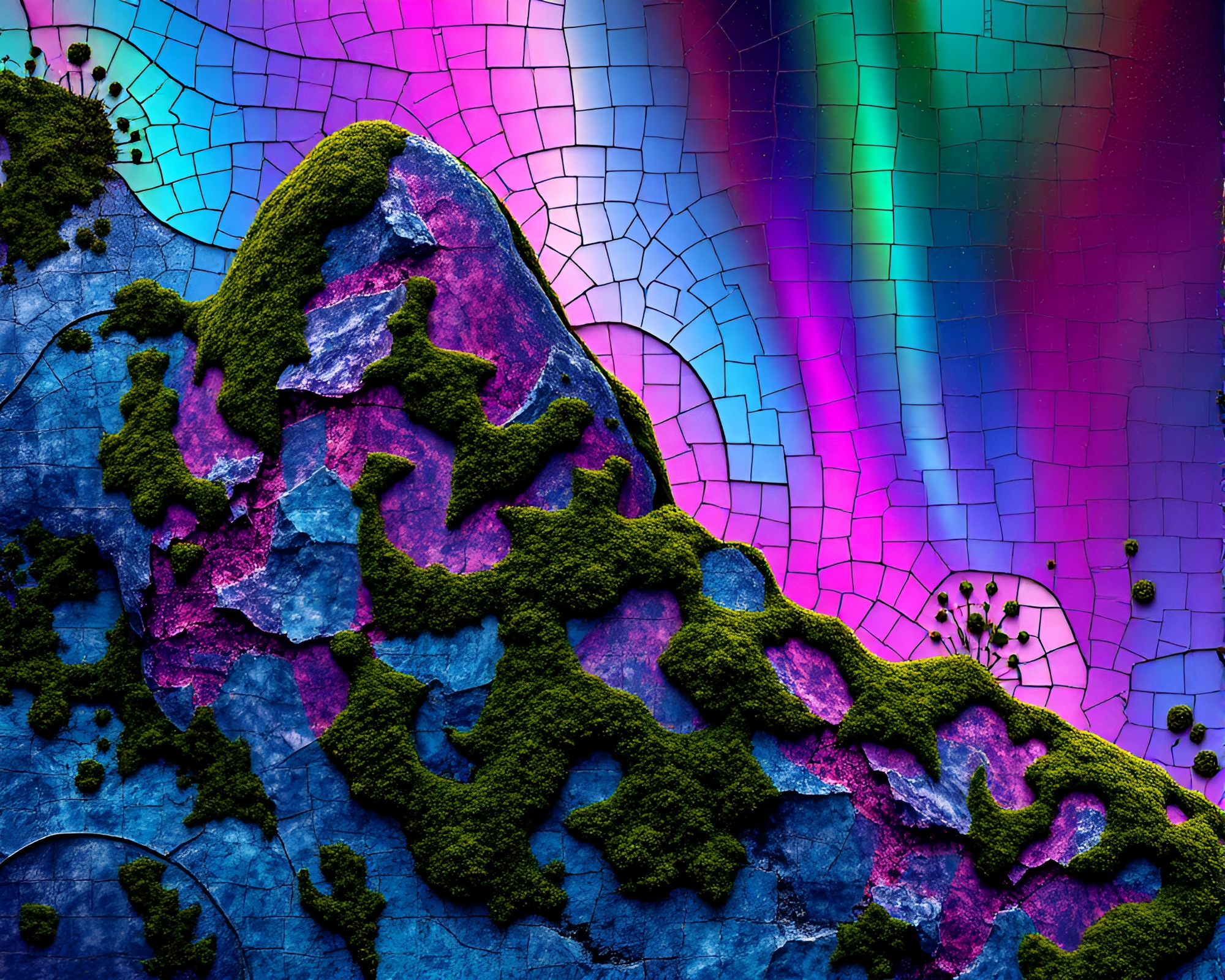 Fractal Moss Mosaic Illuminated in Aurora Hues – free AI stock image