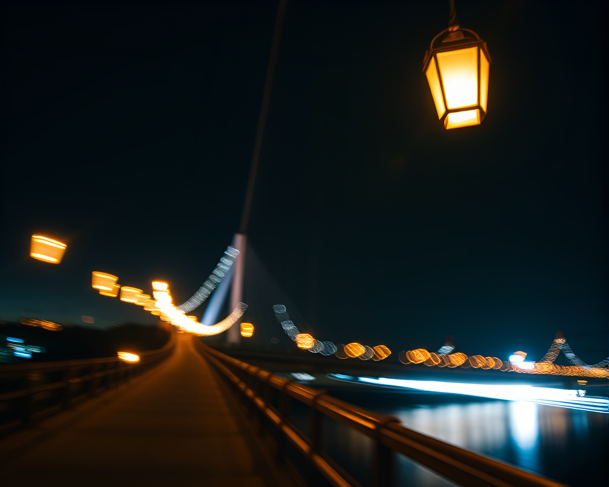 Suspension Bridge in Lantern Light with Motion Blur – free AI stock image