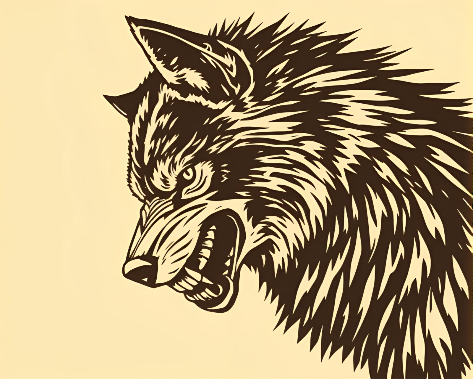 Sepia-toned stencil art of a werewolf in dramatic angle