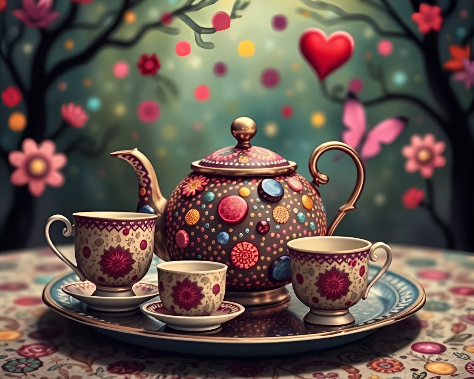 Colorful pointillist dots form Alice in Wonderland tea set