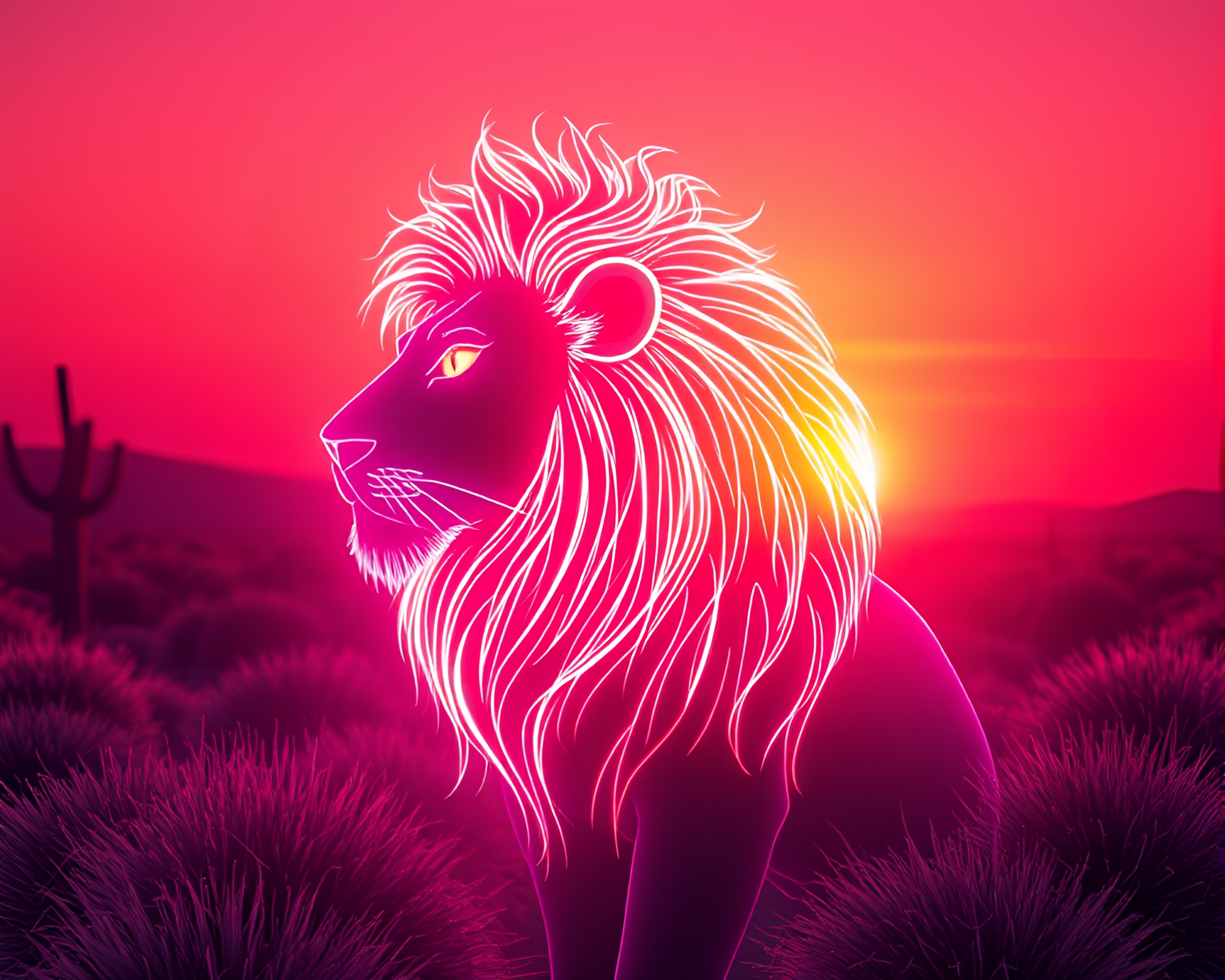 Luminous Lion: Desert Wireframe Sunset – free AI stock image