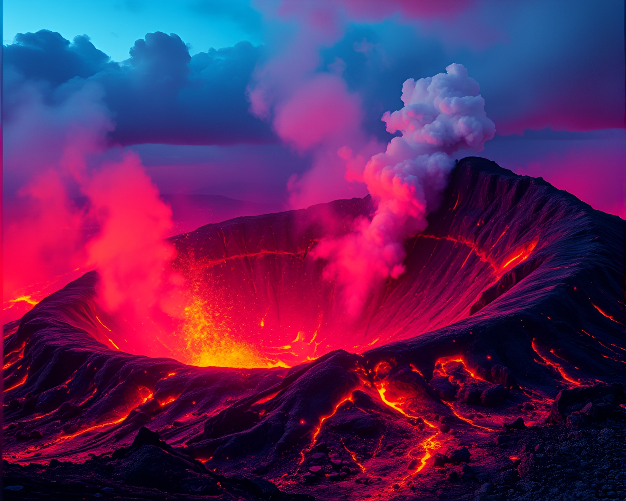 Neon Crater: Volcanic Lithograph Masterpiece – free AI stock image