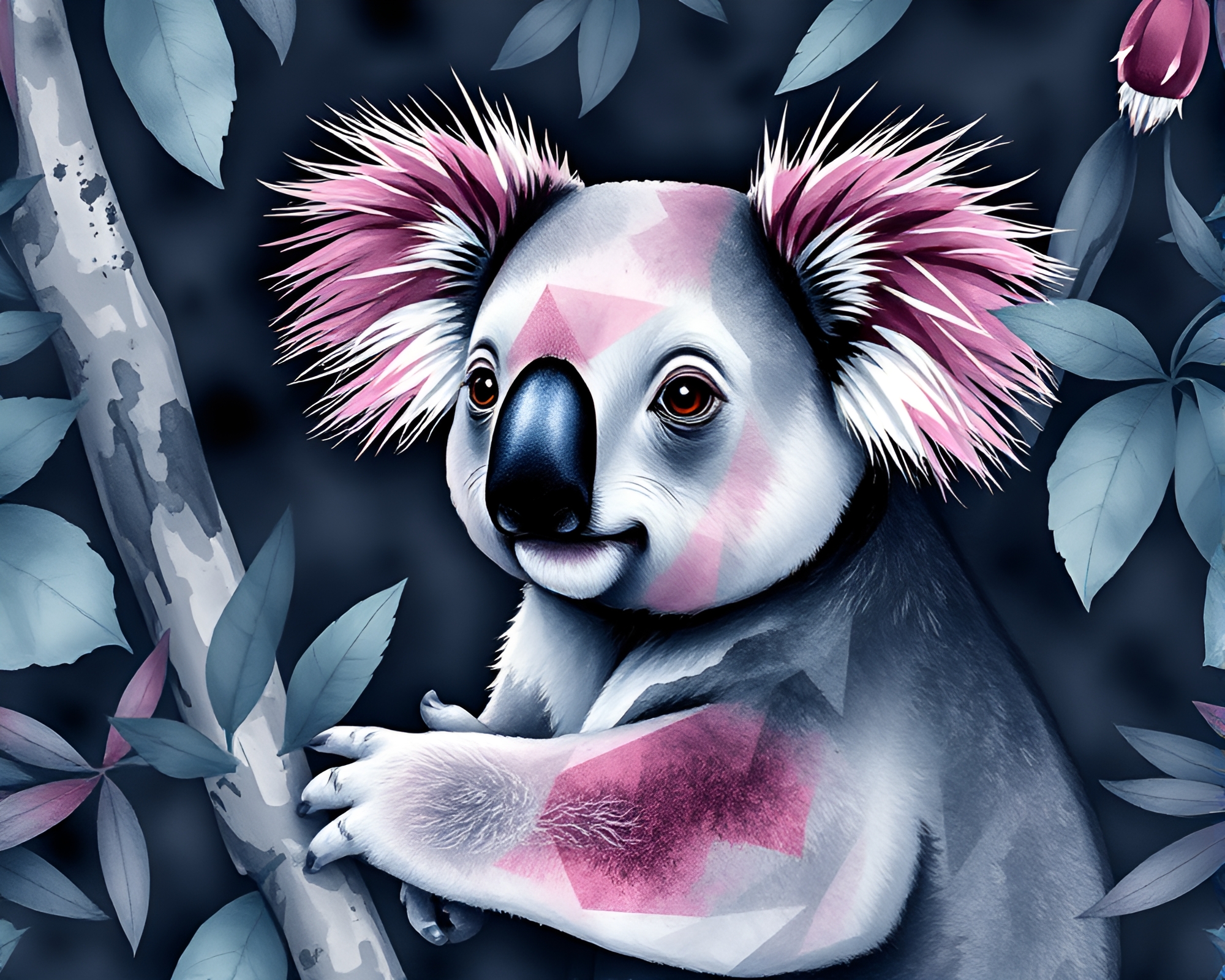 Ethereal Koala in Geometric Watercolor Jungle – free AI stock image